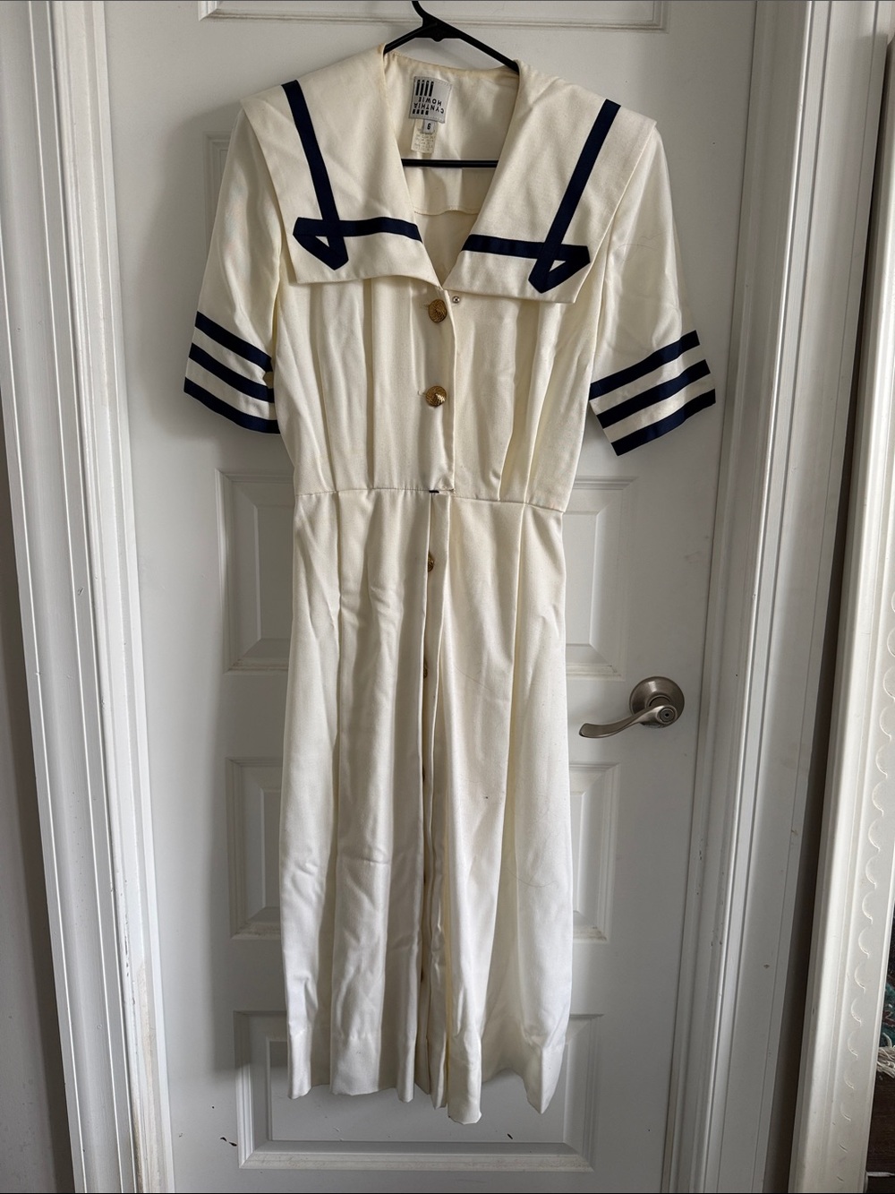 Vintage Cynthia Howie Cream Nautical-Trim Midi Dress with Navy Accents